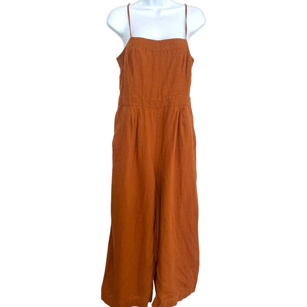 J.Crew Women Burnt Orange 100% Linen Wide Leg Spaghetti‎ Strap Jumpsuit Size 8